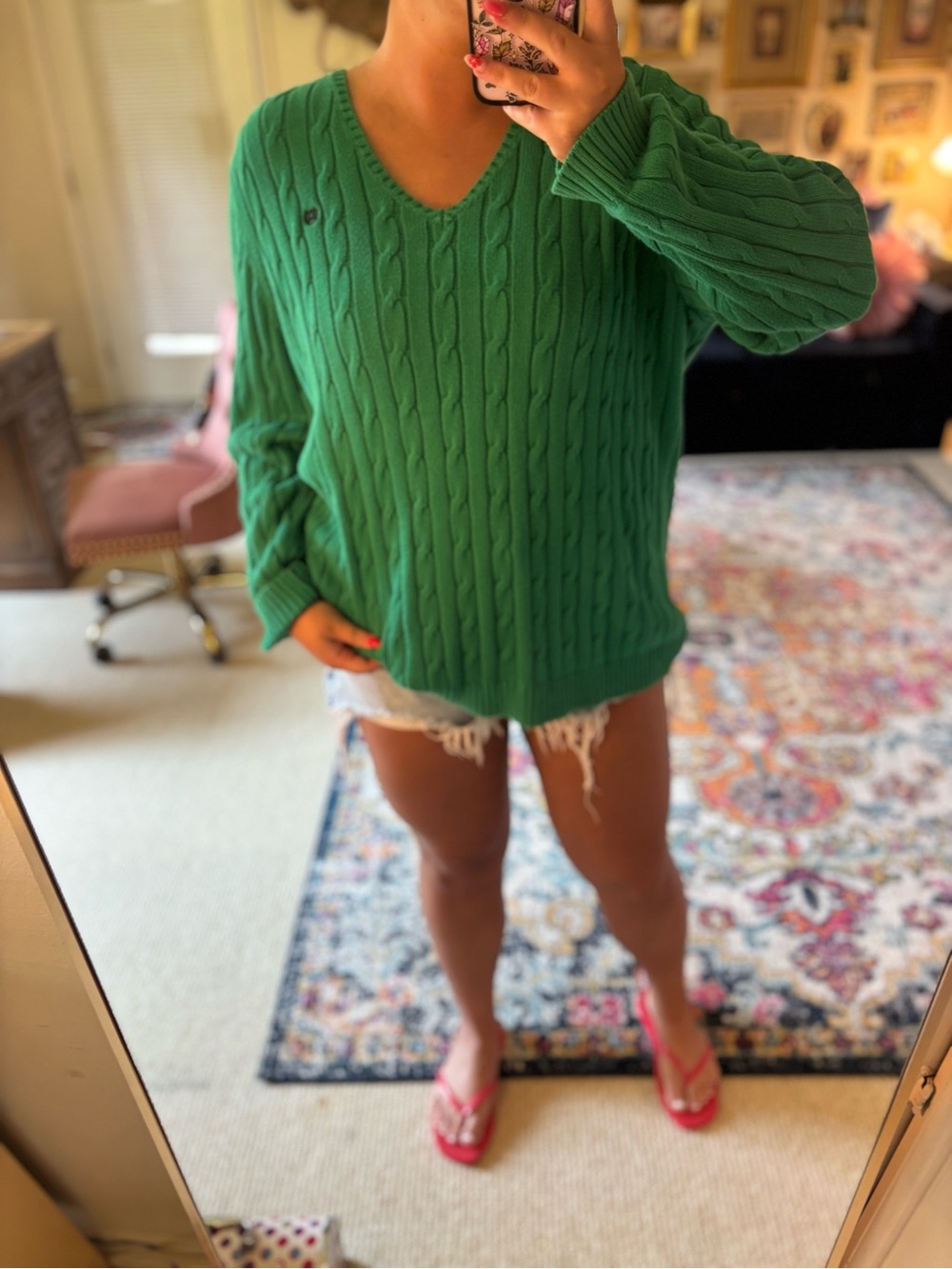 Chaps by Ralph Lauren Green Cable-Knit V-Neck Sweater - Women